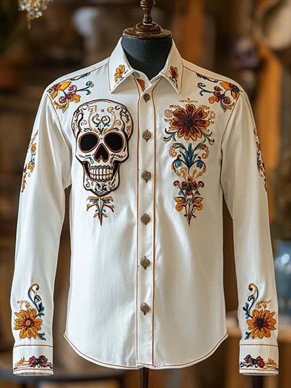 Men's Outdoor Vintage Skull and Floral Print Long Sleeve Shirt