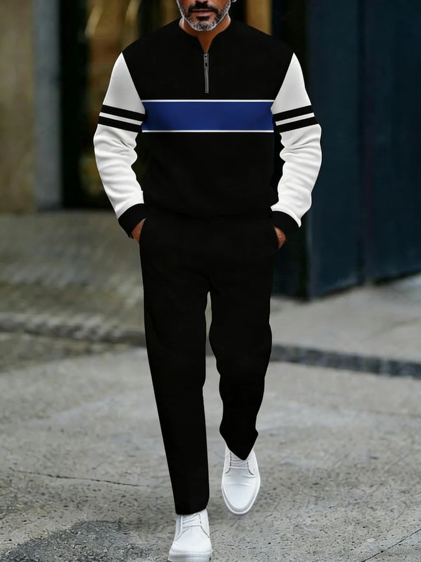 Men's Casual Black & Royal Color Matching Striped Printed Round-Neck Zipper Long Sleeved Tops & Trousers Two-Piece Set