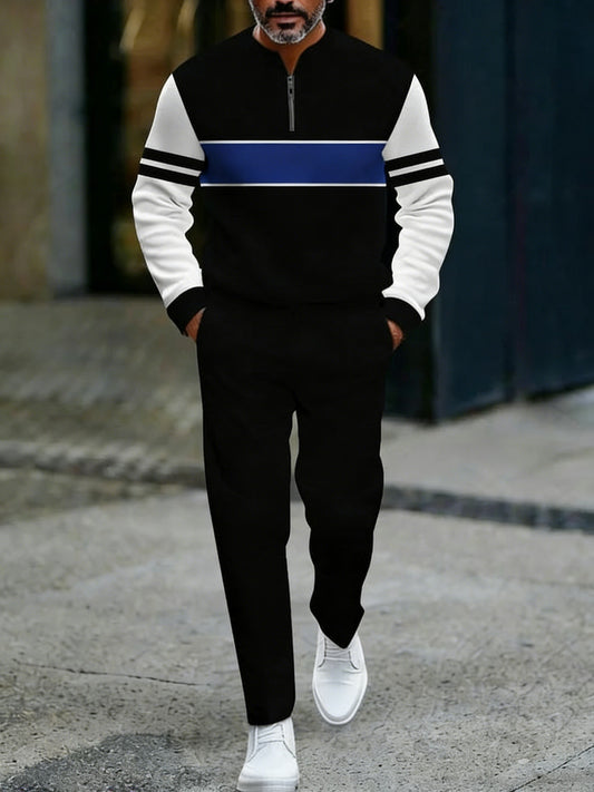 Men's Casual Black & Royal Color Matching Striped Printed Round-Neck Zipper Long Sleeved Tops & Trousers Two-Piece Set