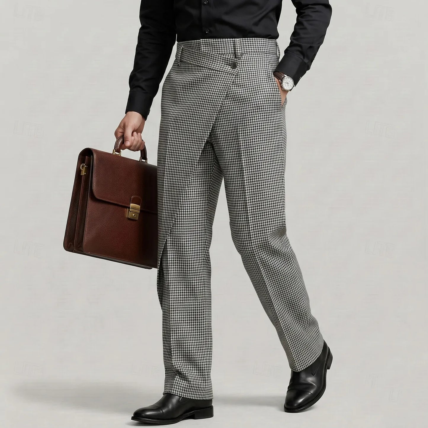 Men's Business Casual Houndstooth Pattern High Waist Asymmetrical Overlap Suit Pants