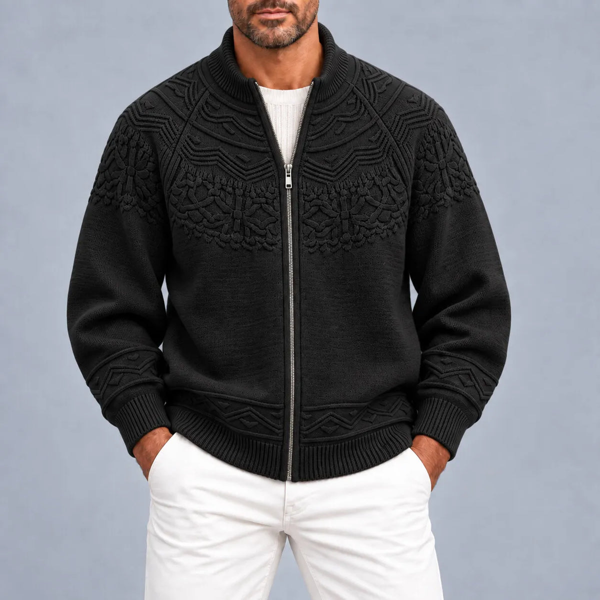 Men's Khaki Geometric Cable Knit Texture Casual Zip-Up Cardigan