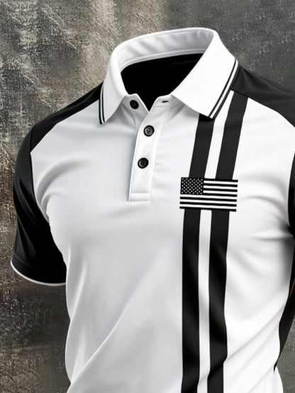 Men's Retro Patriotic Color-Block Short-Sleeve Polo Shirt