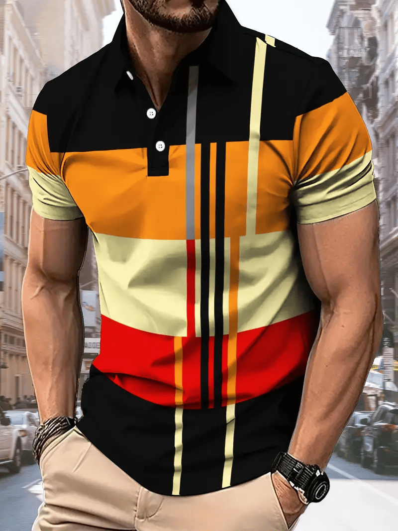 Men's Business Stripe Lettering Button-Down Polo Shirt