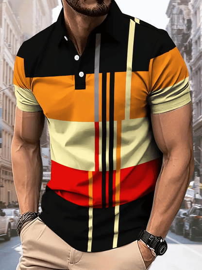 Men's Business Stripe Lettering Button-Down Polo Shirt