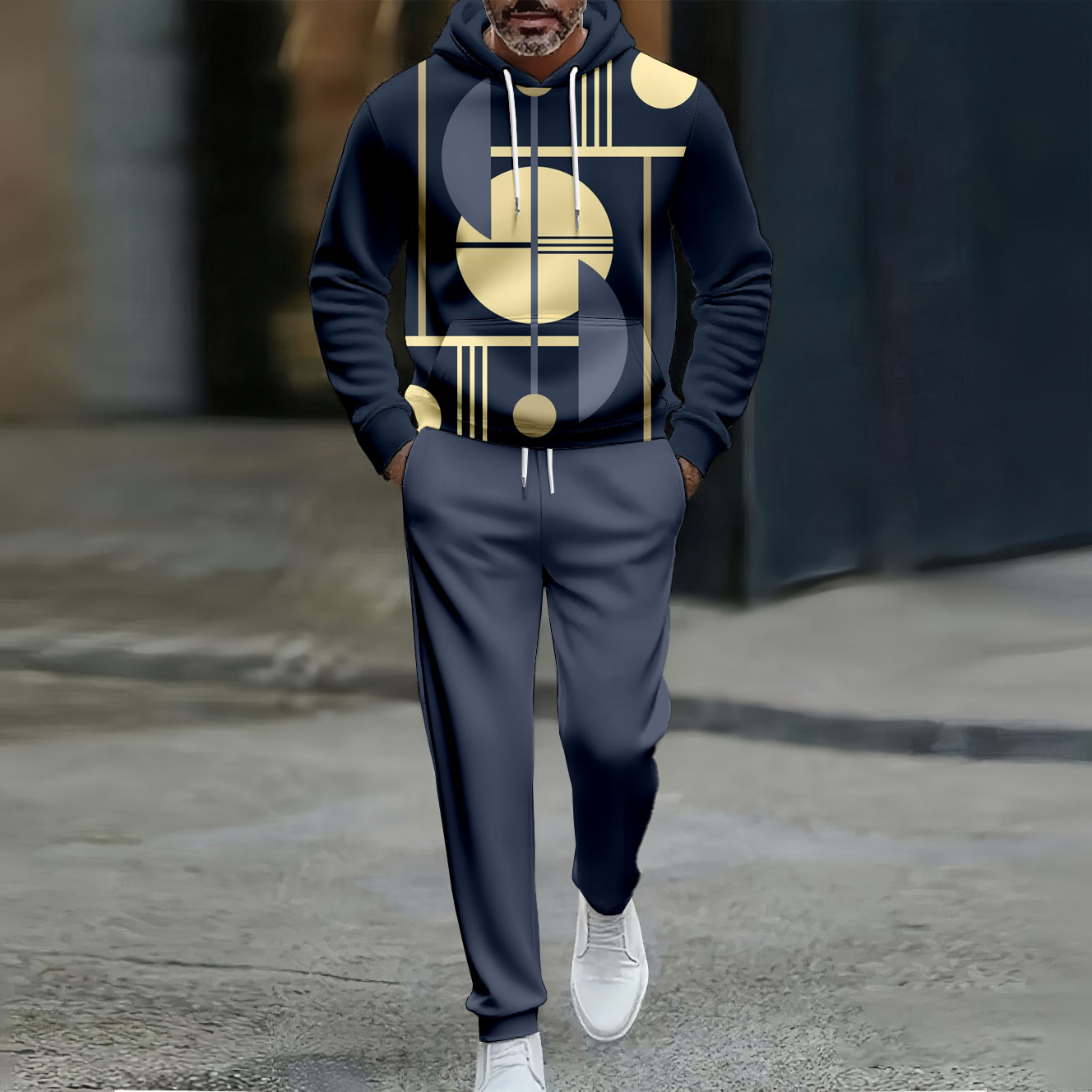 Men's Casual Color Matching Geometric Printed Hooded Long Sleeved Trousers Navy Blue Two-Piece Set