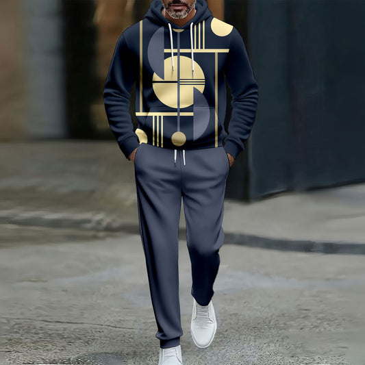 Men's Casual Color Matching Geometric Printed Hooded Long Sleeved Trousers Navy Blue Two-Piece Set