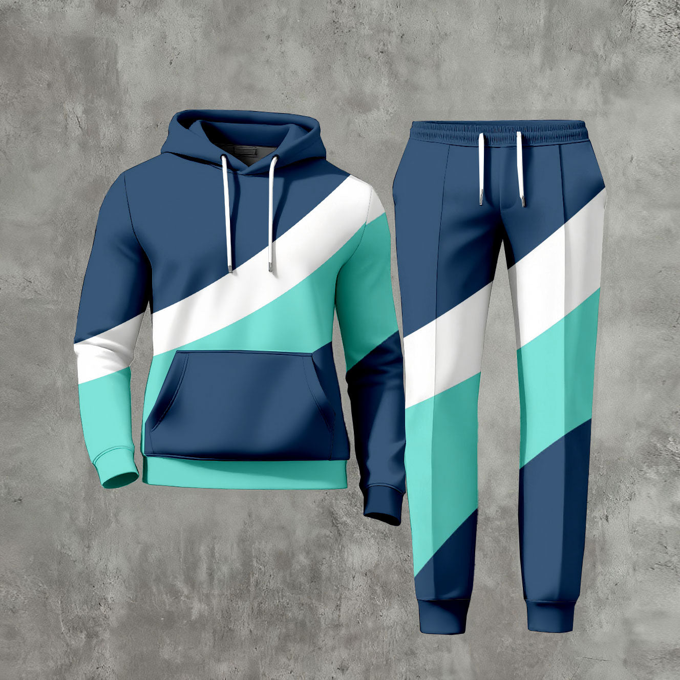 Men's Casual Blue Color Matching Printed Long-Sleeve Hoodies Sweatshirt & Trousers Two-Piece Set
