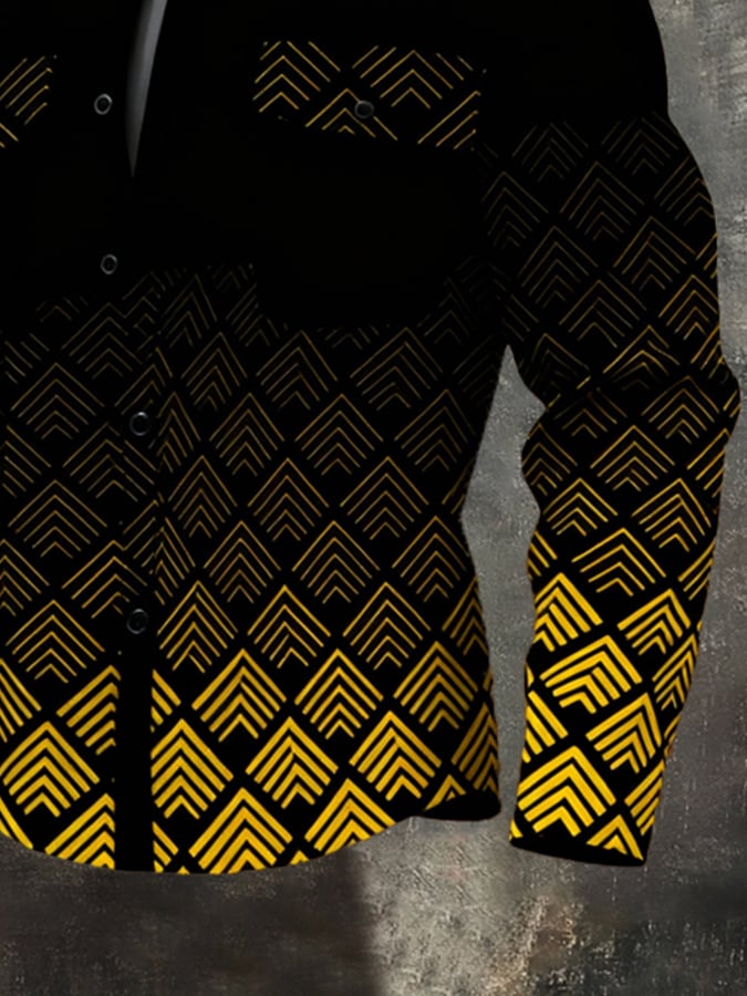 Men'S Vintage Color-Block Printed Long-Sleeved Shirt