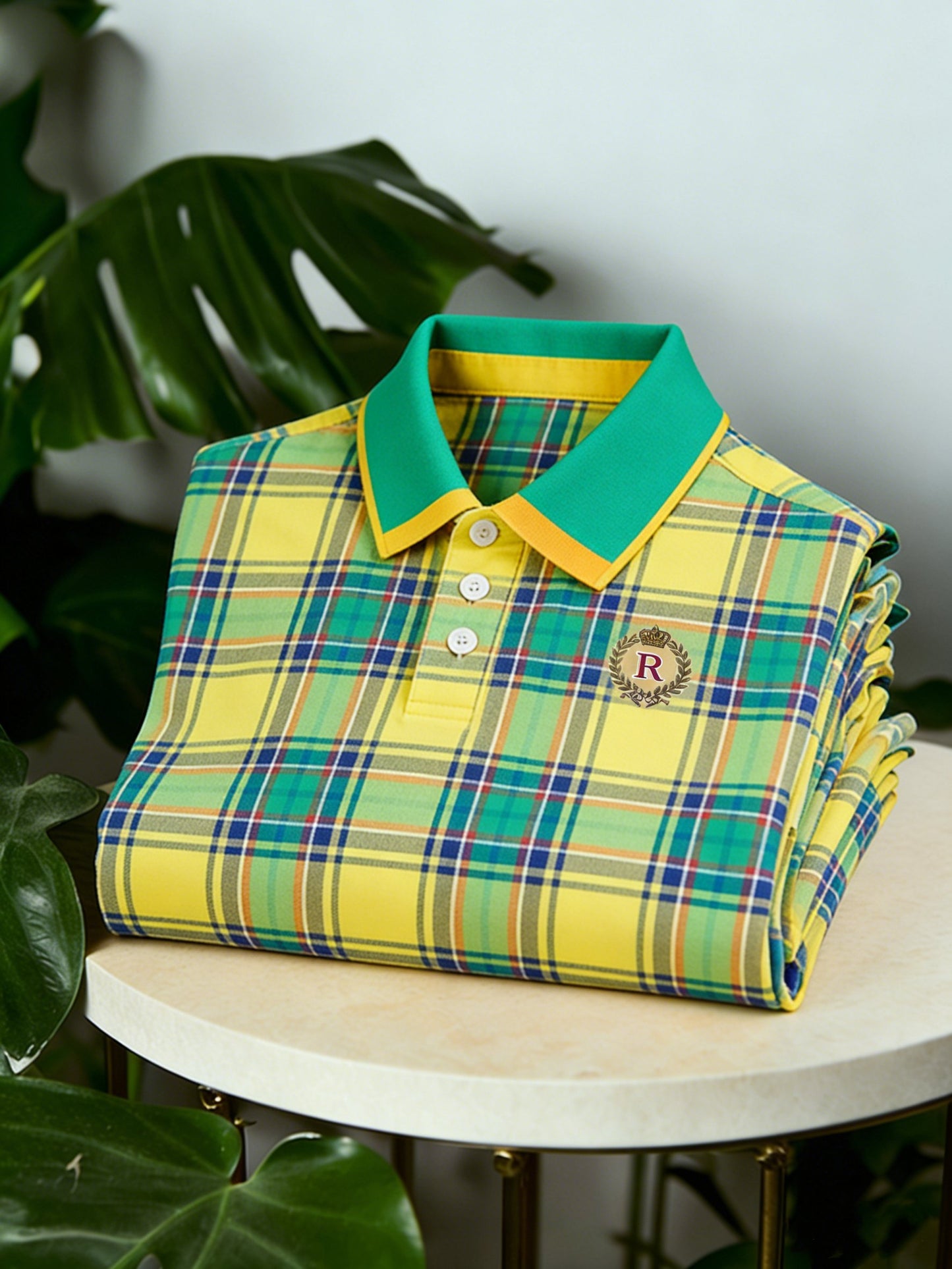 Men's Business Casual Button Short Sleeve Plaid Print Polo Shirt