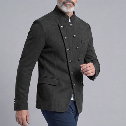 Men's Double-Breasted Slim-Fit Stand-Up Collar Suit with Diagonal Placket