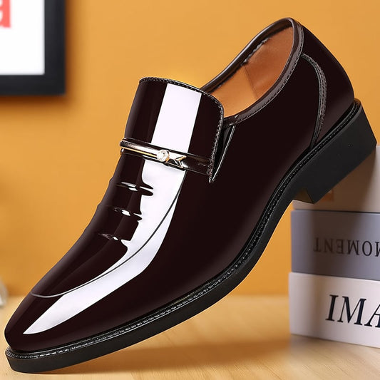 Men's Business Formal Casual Pointed Toe Cutout Slip-on Faux Leather Patant Shoes