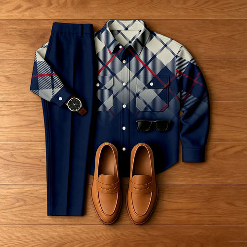 Men's Diamond-Patterned Denim-Style Jacket and Pants Set