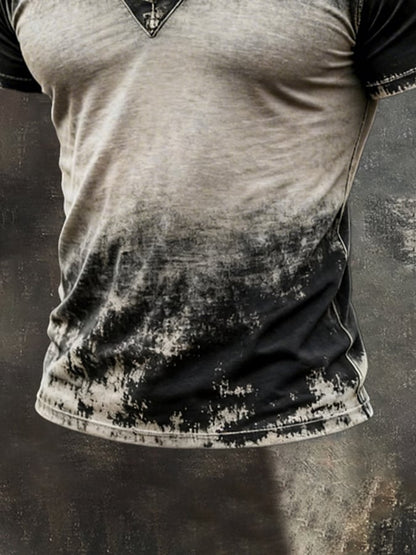 Men's Retro Distressed Color Block V-Neck Short-Sleeve Top