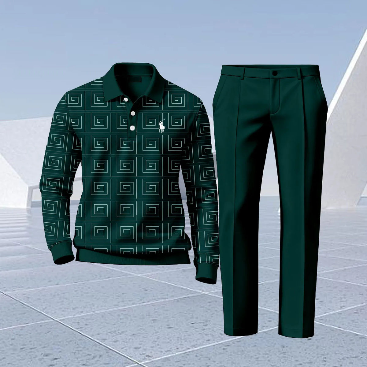 Men's Printed Polo Shirt and Pants Set