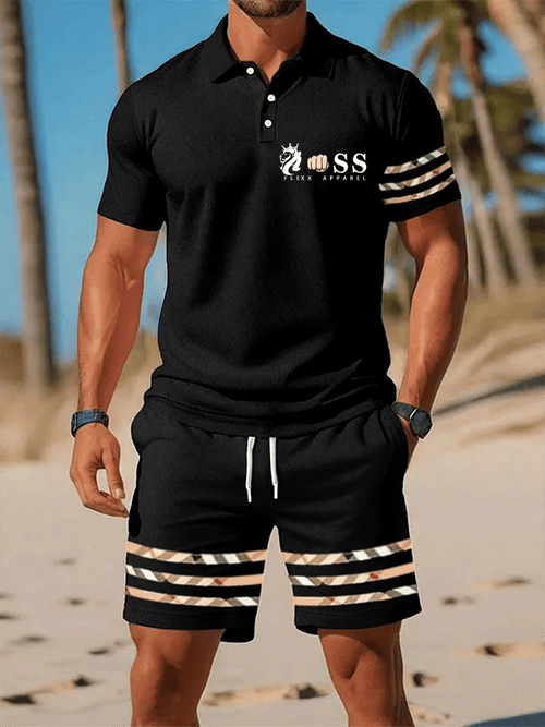 Men's Retro Letter Design Casual Business Short Sleeve Polo Shirt Suit