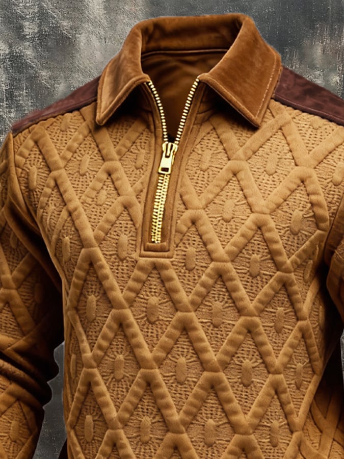 Men's Retro Jacquard Textured Patchwork Comfortable Color-Blocked Zip-Up Sweatshirt