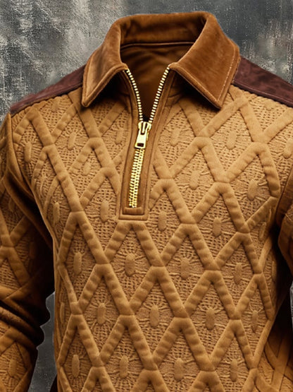 Men's Retro Jacquard Textured Patchwork Comfortable Color-Blocked Zip-Up Sweatshirt