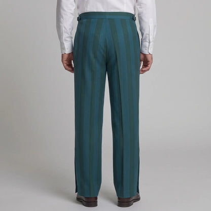 Men's Teal Contrast Striped Print Side Buttons High Waist Wide Leg Suit Pants