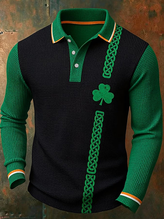 Men's casual retro St. Patrick's Day waffle knit polo shirt