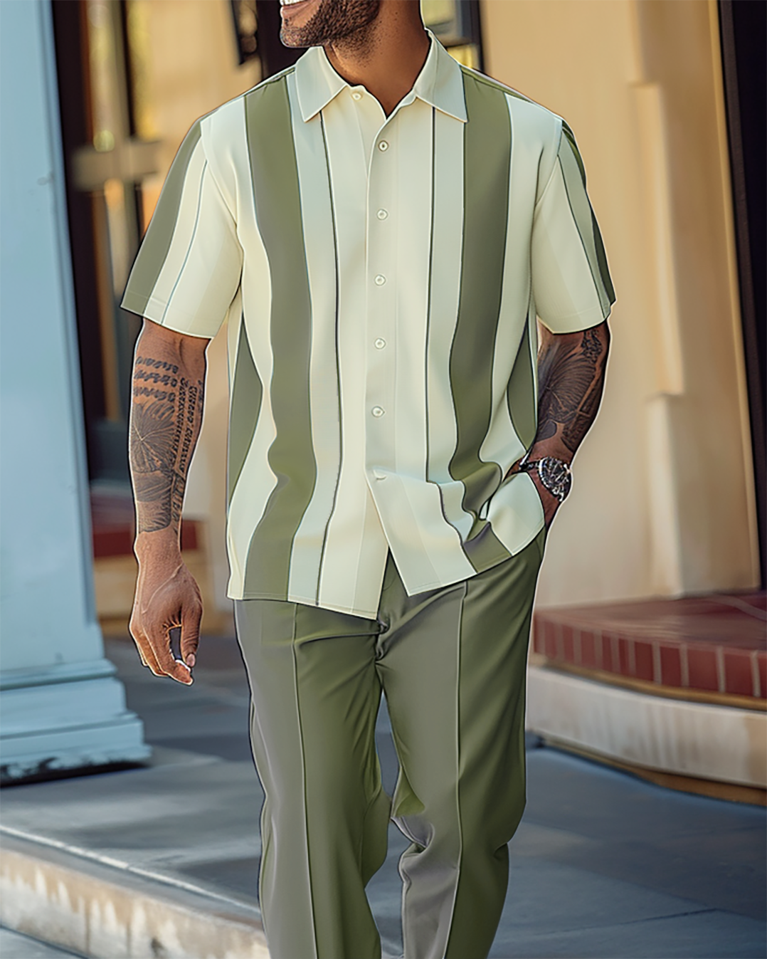 Men's Textured Short Sleeve Printed Two-Piece Walking Pants Set 063