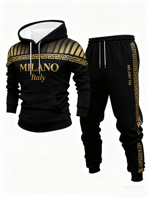 Men's Casual Black & Gold Color Matching Printed Hoodies Long Sleeved Sweatshirts & Sweatpants Two-Piece Set
