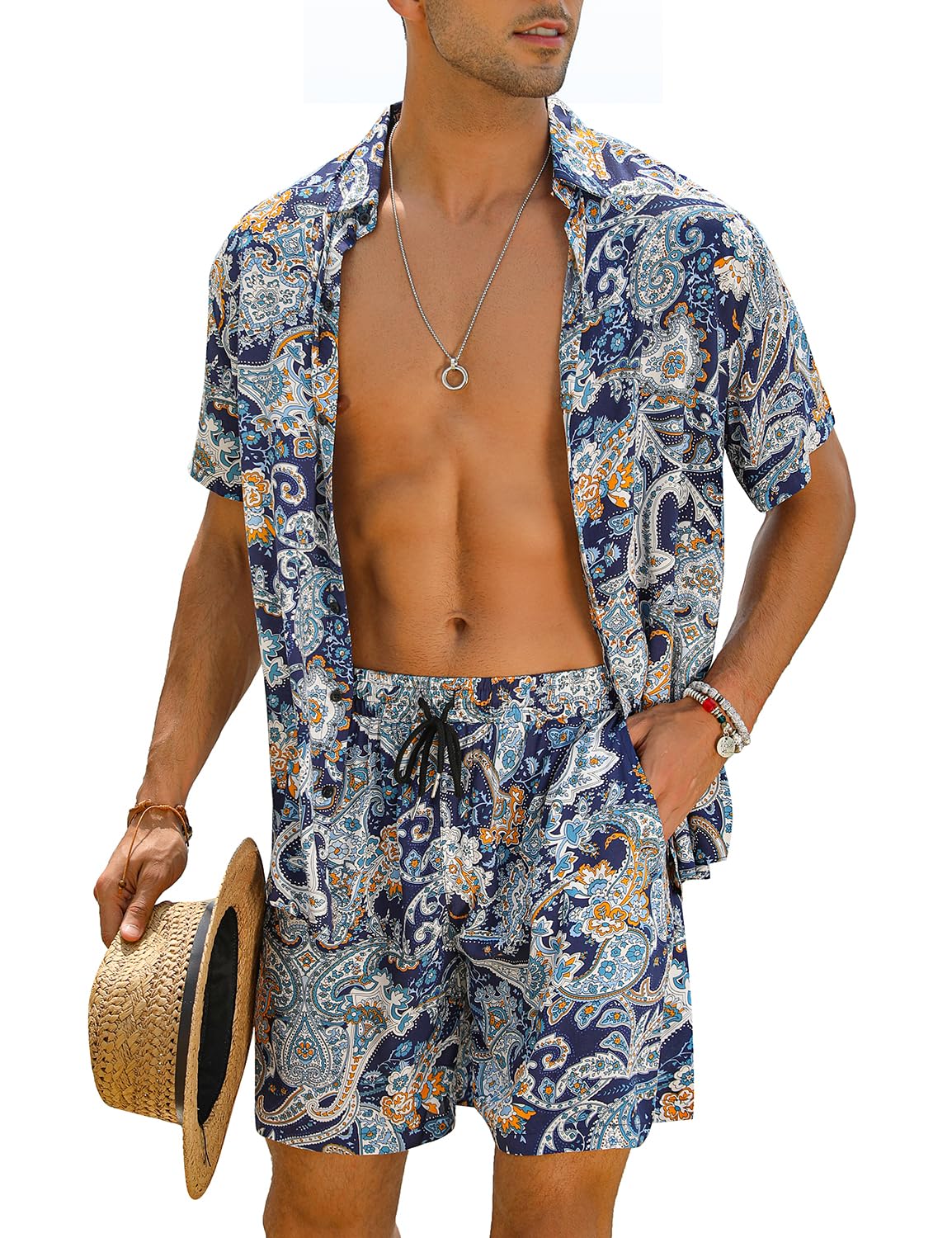 Casual Men's Apricot Vacation Style Shirt & Shorts Set