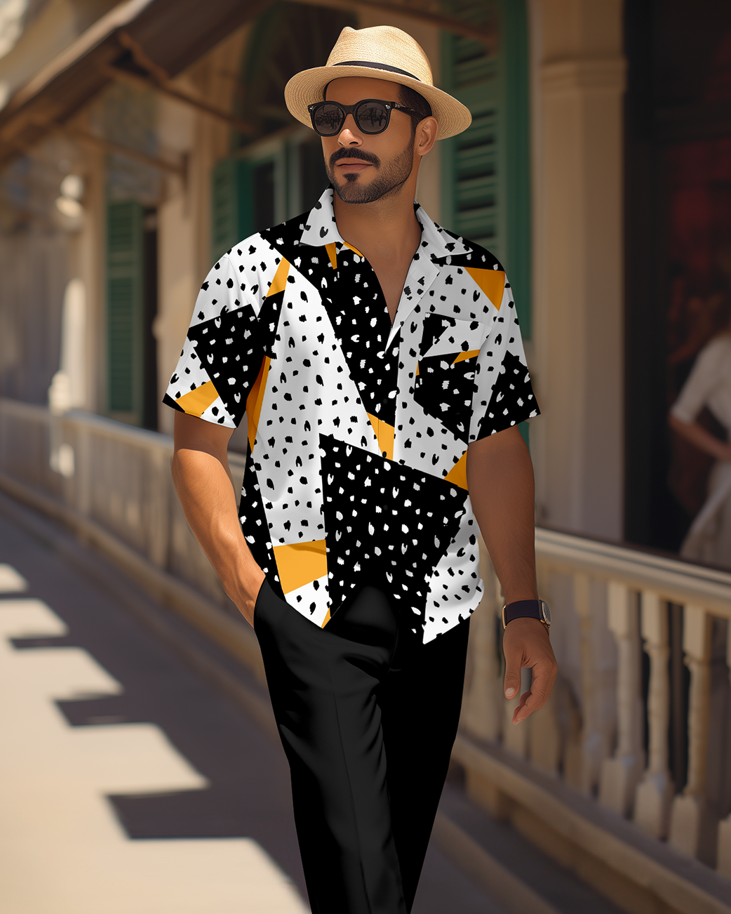 Men's retro colorblock short-sleeved shirt walking Suit 1692