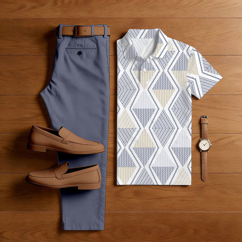 Men's Casual Purple & White Color Matching Retro Style Printed Short Sleeved Polo Shirt & Trousers Two-Piece Set