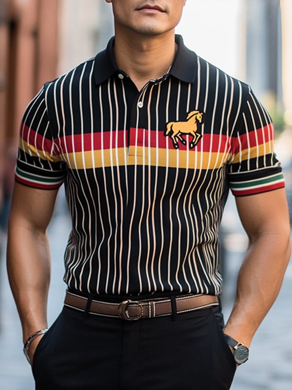 Men's Business Stripe Logo Button-Down Short Sleeve Polo Shirt