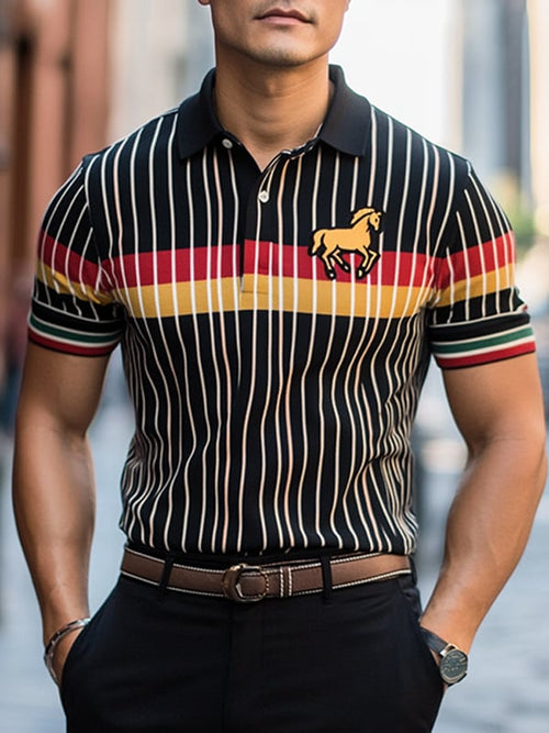 Men's Business Stripe Logo Button-Down Short Sleeve Polo Shirt