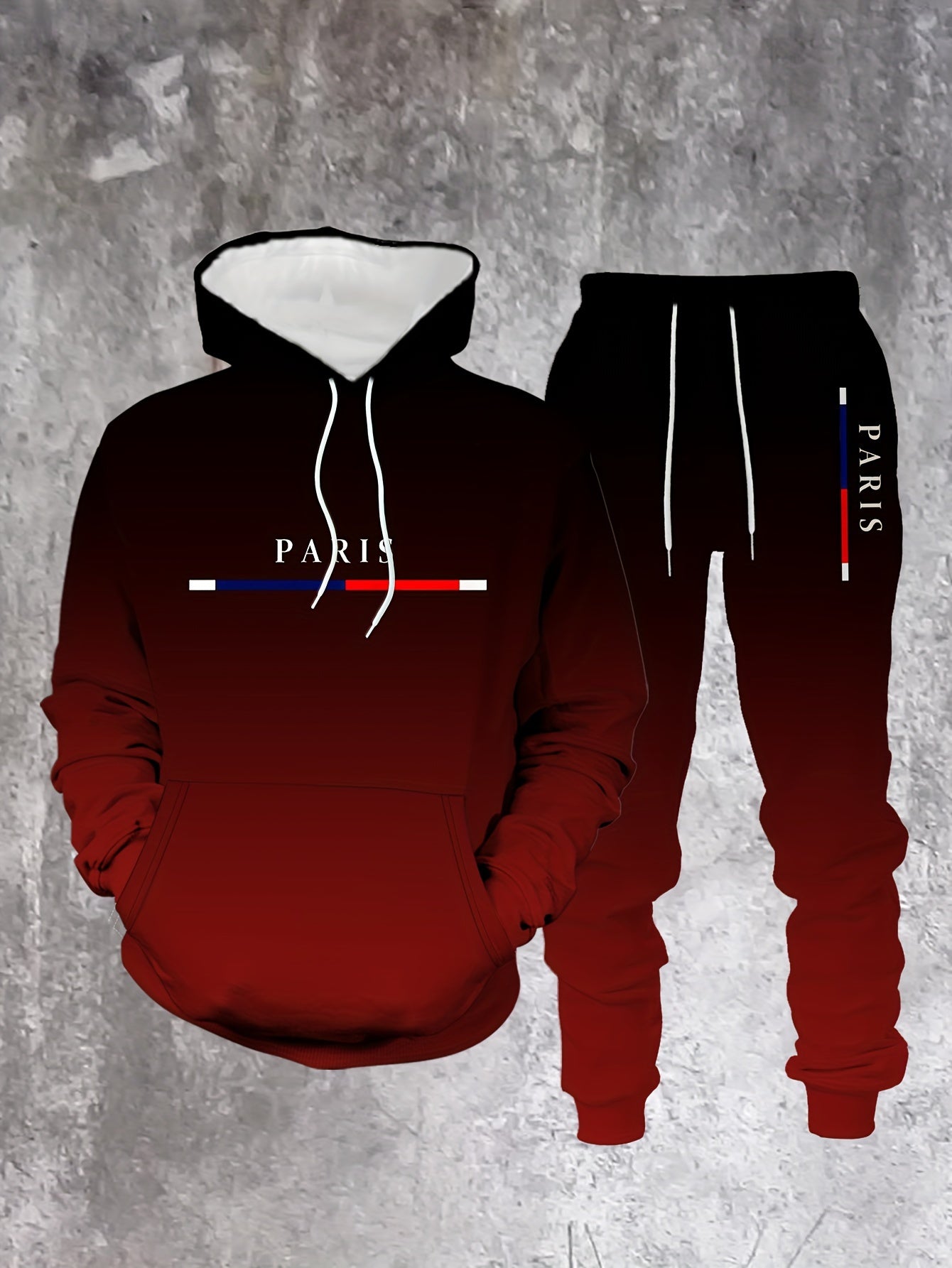 Men's Casual Black Gradient Color Printed Hoodies Long Sleeved Sweatshirts & Sweatpants Two-Piece Set