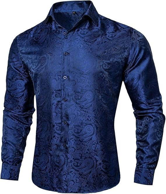 Men's Silk Paisley Dress Shirts,Blue Paisley