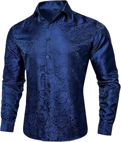 Men's Silk Paisley Dress Shirts,Blue Paisley