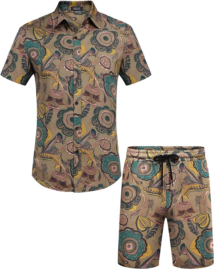 Men's Dark Beige Short Sleeve Shirt & Shorts Set