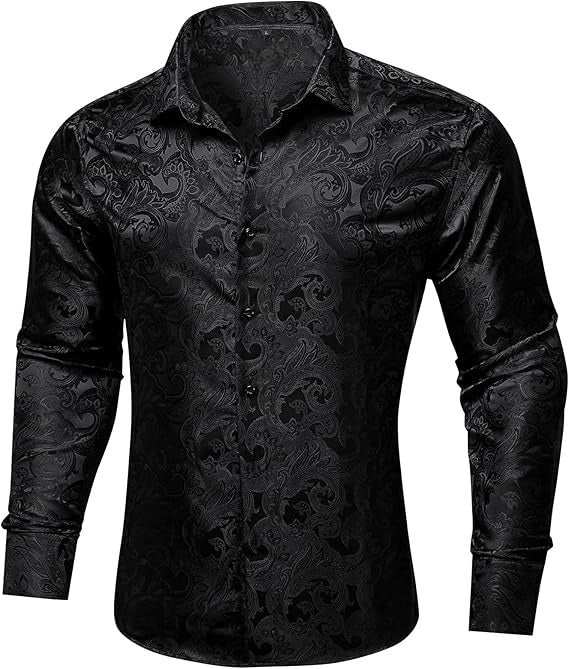 Men's Silk Paisley Dress Shirts,Black Paisley