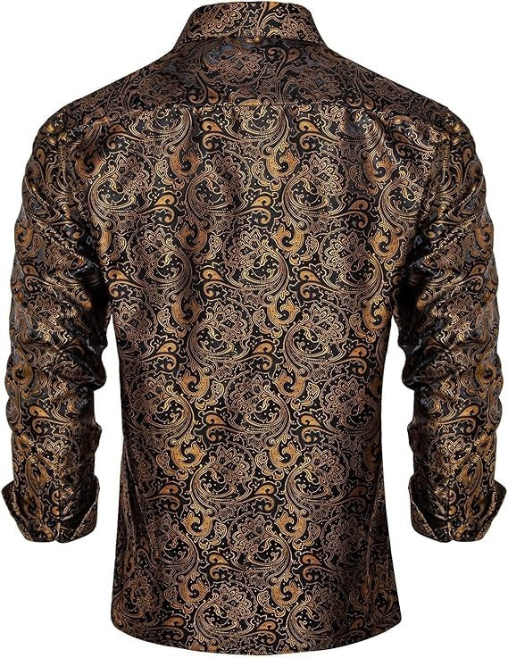 Men's Silk Paisley Dress Shirts,Paisley Gold/Black