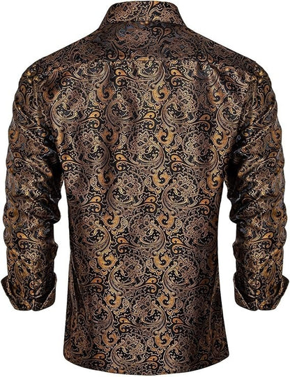 Men's Silk Paisley Dress Shirts,Paisley Gold/Black