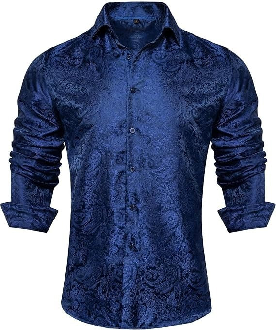 Men's Silk Paisley Dress Shirts,Blue Paisley