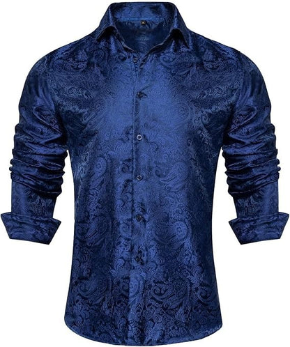 Men's Silk Paisley Dress Shirts,Blue Paisley