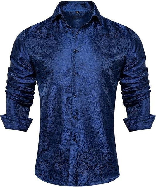 Men's Silk Paisley Dress Shirts,Blue Paisley