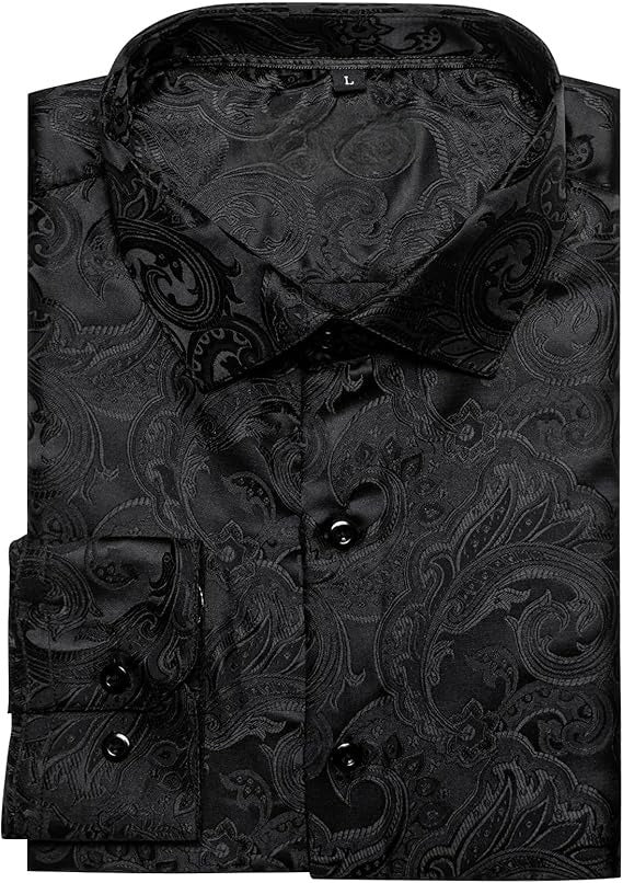 Men's Silk Paisley Dress Shirts,Black Paisley