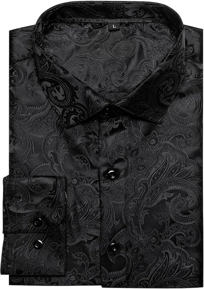 Men's Silk Paisley Dress Shirts,Black Paisley