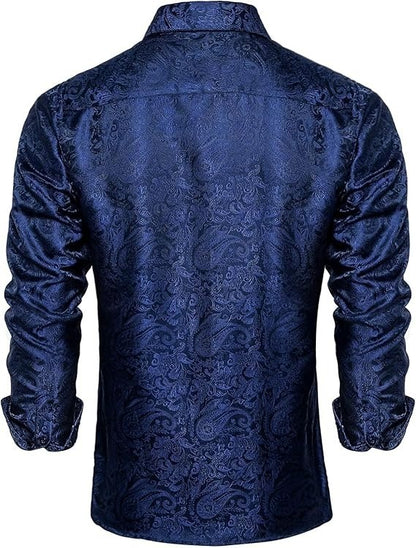 Men's Silk Paisley Dress Shirts,Blue Paisley