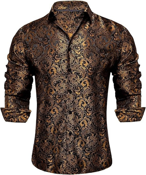 Men's Silk Paisley Dress Shirts,Paisley Gold/Black