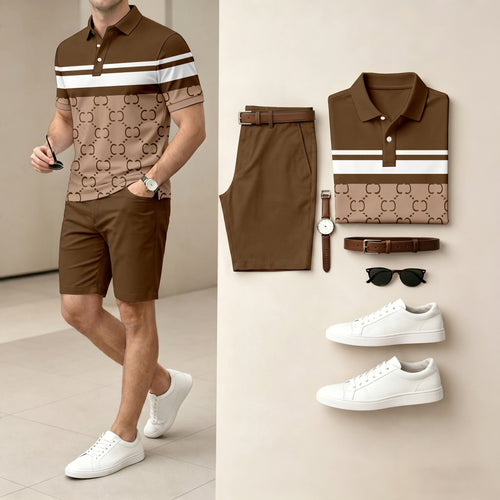 Men's Casual Brown And White Color Spliced Stripes Polo Shirt & Shorts Two-Piece Set