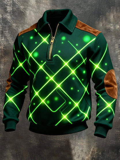 Men's Retro Color Block Print Color-Blocked Zip-Up Sweatshirt