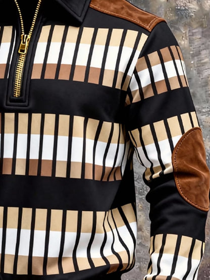 Men's Retro Color Block Print Zipper Sweatshirt