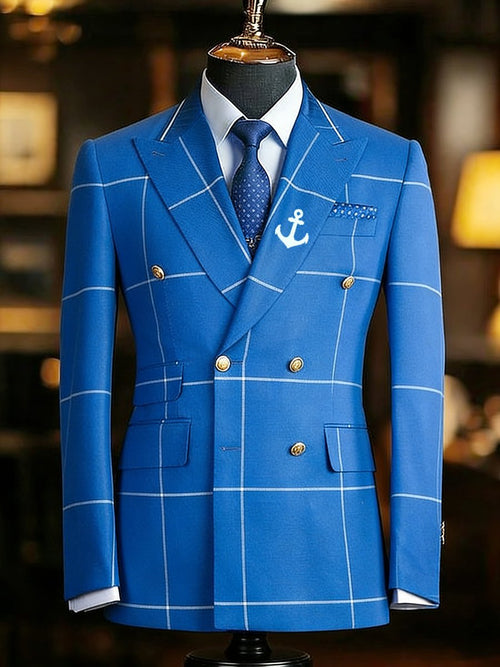 Men's Vintage Commemorative Edition Navy Plaid Suit Jacket