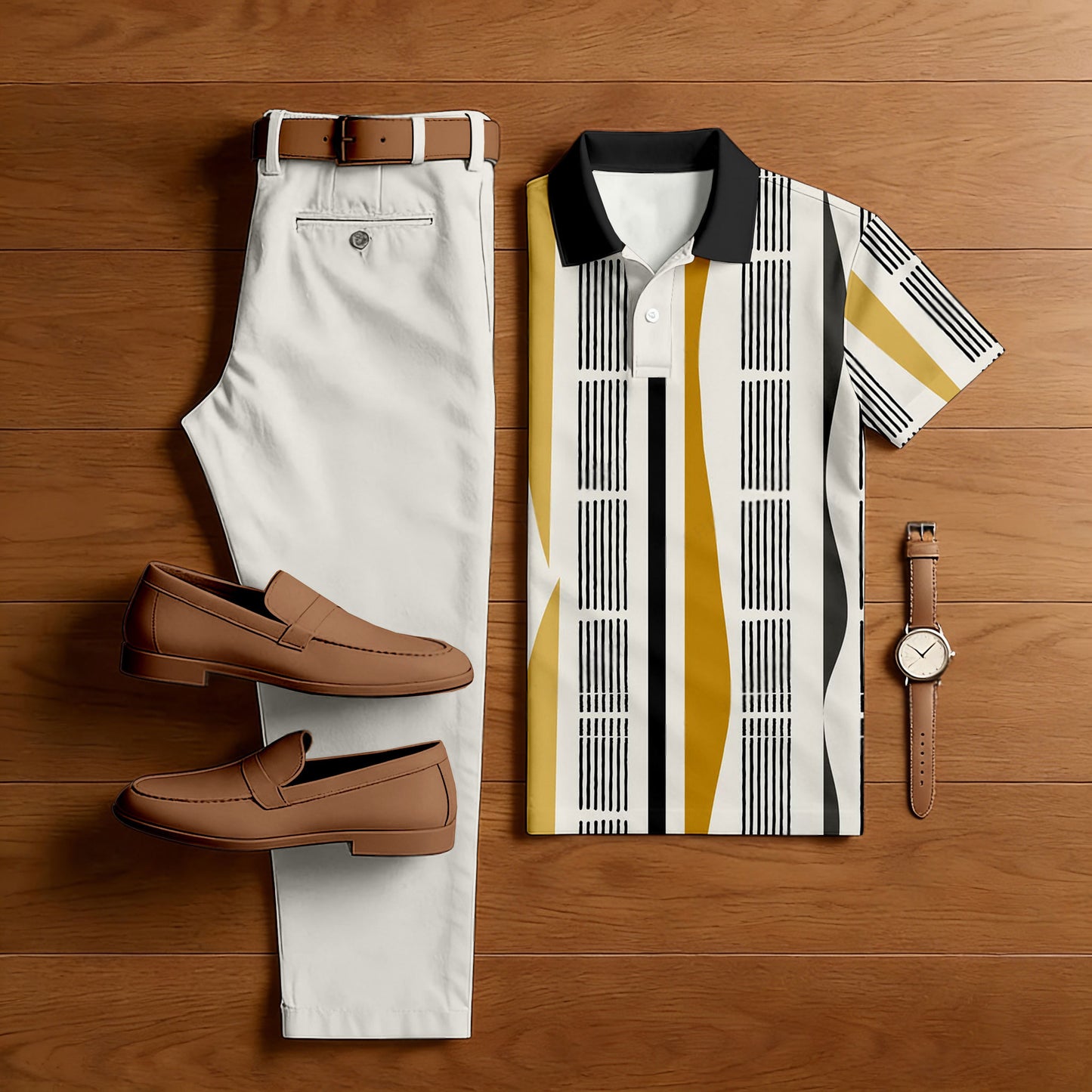 Men's Casual White Geometry Printed Polo Shirt And Pants Two-Piece Set