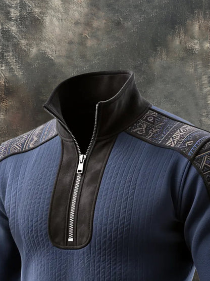 Men's Vintage Style Color-Block Half-Zip Long-Sleeved Sweatshirt